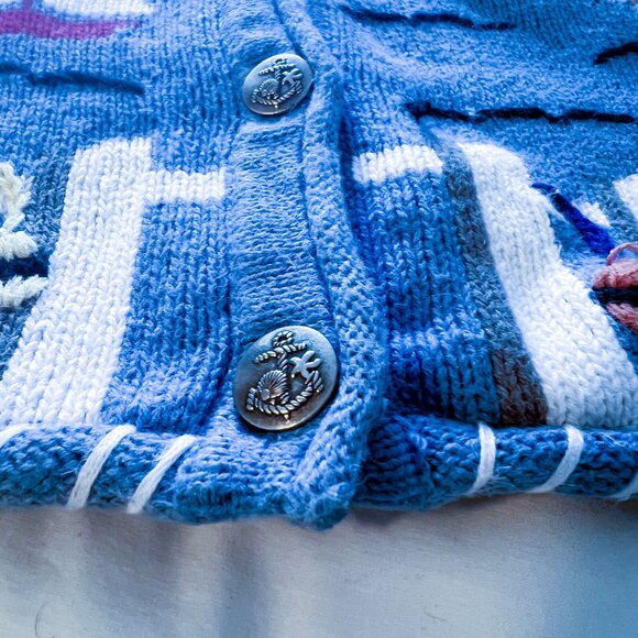 Vintage Design White Blue Lighthouse Ocean Sailboat Nantucket Cardigan Sweater L - Picture 7 of 10